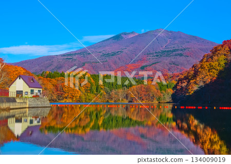 A spectacular autumn view of Mount Fubo reflected in Lake Choro and the vibrant autumn foliage A spectacular autumn view of Mount Fubo reflected in Lake Choro and the vibrant autumn foliage 134009019