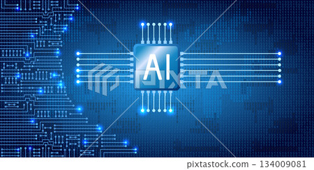 Electronics circuit with binary code. Futuristic digital design, world of artificial intelligence and digital technology for banners, tech backgrounds and innovative branding. 134009081