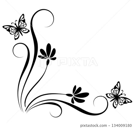 Corner ornament with flowers, leaves and butterfly. Decorative element for decor and text greeting or invitation card design. Corner ornament with flowers, leaves and butterfly. Decorative element for decor and text greeting or invitation card design. 134009180