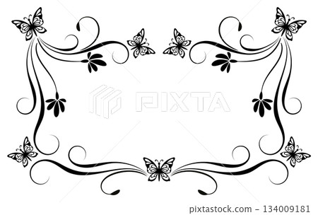 Frame ornament with flowers, leaves and butterflies. Decorative element for decor and text greeting or invitation card design. Frame ornament with flowers, leaves and butterflies. Decorative element for decor and text greeting or invitation card design. 134009181