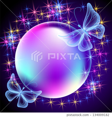Mesmerizing transparent radiant orb bubble surrounded by ethereal butterflies and a sparkling starry background Mesmerizing transparent radiant orb bubble surrounded by ethereal butterflies and a sparkling starry background 134009182