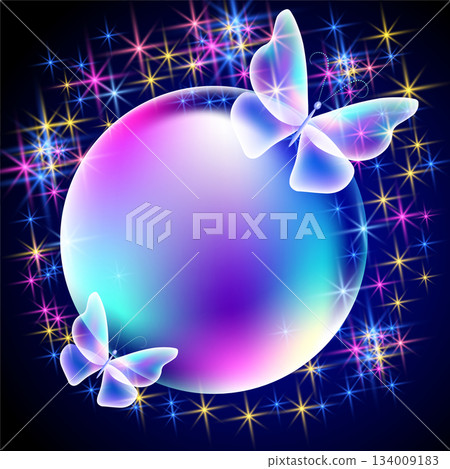 Mesmerizing transparent radiant orb bubble surrounded by ethereal butterflies and a sparkling starry background Mesmerizing transparent radiant orb bubble surrounded by ethereal butterflies and a sparkling starry background 134009183