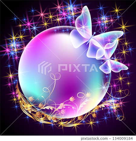 Mesmerizing transparent radiant orb bubble surrounded by ethereal butterflies and a sparkling starry background 134009184