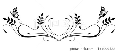 Symmetrical ornament with leaves and butterfly. Text divider. Decorative element for decor and text greeting or invitation card design. Symmetrical ornament with leaves and butterfly. Text divider. Decorative element for decor and text greeting or invitation card design. 134009188