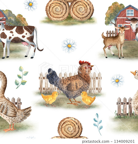 Seamless watercolor pattern with farm animals, barn, hay bales, flowers and leaves, perfect for children designs, textiles, packaging, rustic themed decor. Painted with soft natural color textures 134009201