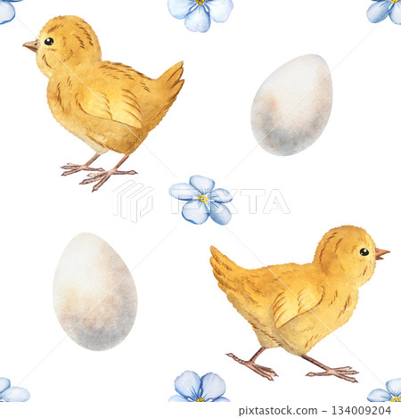 Seamless watercolor pattern with chicks, eggs, blue flowers, ideal for spring designs, children materials, textiles, packaging, cute farm themed decor. Painted with soft natural watercolor textures Seamless watercolor pattern with chicks, eggs, blue flowers, ideal for spring designs, children materials, textiles, packaging, cute farm themed decor. Painted with soft natural watercolor textures 134009204
