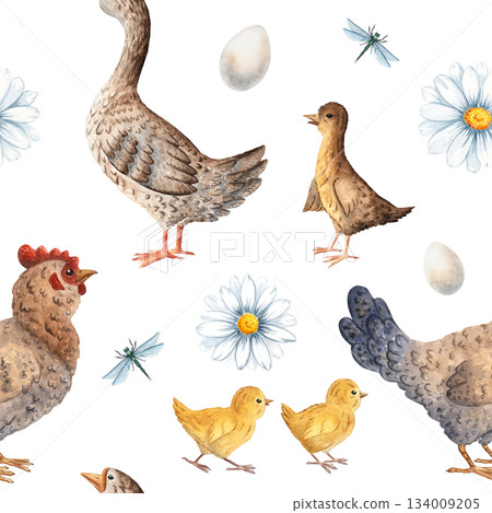 Seamless watercolor pattern featuring a goose, gosling, eggs, daisies, dragonflies, perfect for farm designs, textiles, children materials, packaging, rustic decor. Painted with soft natural textures Seamless watercolor pattern featuring a goose, gosling, eggs, daisies, dragonflies, perfect for farm designs, textiles, children materials, packaging, rustic decor. Painted with soft natural textures 134009205