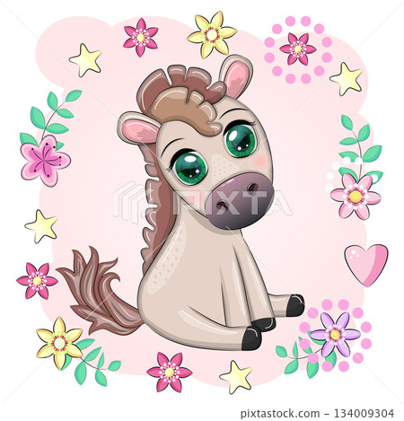 A cute cartoon-style horse with beautiful eyes, the symbol of the year 2026 A cute cartoon-style horse with beautiful eyes, the symbol of the year 2026 134009304