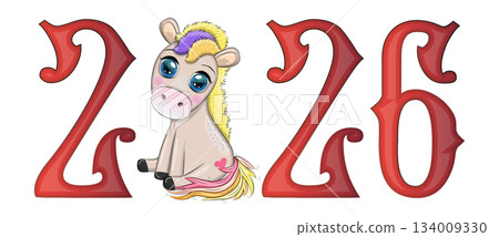 A banner for Chinese New Year 2026, combining an image of a horse and the number 2026, done in a cartoon style 134009330