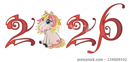 A banner for Chinese New Year 2026, combining an image of a horse and the number 2026, done in a cartoon style 134009332