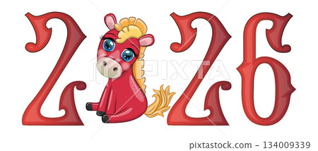 A banner for Chinese New Year 2026, combining an image of a horse and the number 2026, done in a cartoon style 134009339