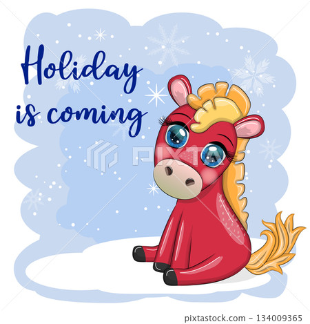 A cute red horse in cartoon style with beautiful eyes, symbol of the year 2026, the holiday is coming 134009365