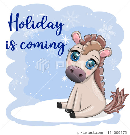 A cute red horse in cartoon style with beautiful eyes, symbol of the year 2026, the holiday is coming 134009373