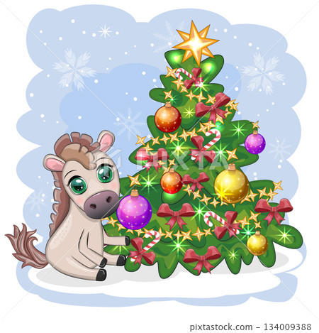 A cute red horse in cartoon style with beautiful eyes, the symbol of the year 2026, near a Christmas tree A cute red horse in cartoon style with beautiful eyes, the symbol of the year 2026, near a Christmas tree 134009388