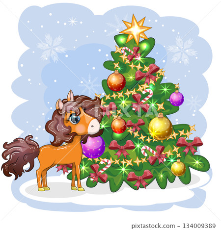 A cute red horse in cartoon style with beautiful eyes, the symbol of the year 2026, near a Christmas tree A cute red horse in cartoon style with beautiful eyes, the symbol of the year 2026, near a Christmas tree 134009389