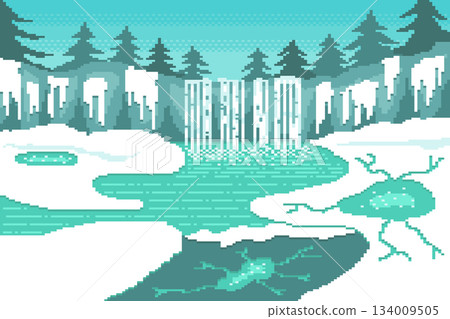 Waterfall with frost fractures and cracked ice in winter, snow landscape on pine background. Waterfall with frost fractures and cracked ice in winter, snow landscape on pine background. 134009505