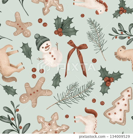 Christmas seamless pattern with symbol new year 2026, horses, pine branches, for tree, bow. Repeat ornament with illustration holly and red berries and sweet cookie gingerbread and snowman. Christmas seamless pattern with symbol new year 2026, horses, pine branches, for tree, bow. Repeat ornament with illustration holly and red berries and sweet cookie gingerbread and snowman. 134009529