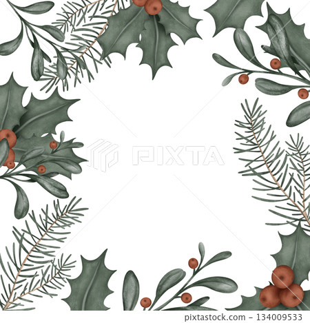 Square frame with hand drawn illustration of green branch of fir tree and holly with red berry. Postcard for New year or Christmas design in muted tones Square frame with hand drawn illustration of green branch of fir tree and holly with red berry. Postcard for New year or Christmas design in muted tones 134009533