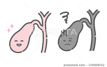 Comparison illustration of a healthy and dysfunctional gallbladder (character, cholelithiasis, cholecystitis) 134009542