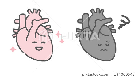Illustration of a healthy heart compared to a malfunctioning heart (character, cardiovascular disease, high blood pressure) 134009543
