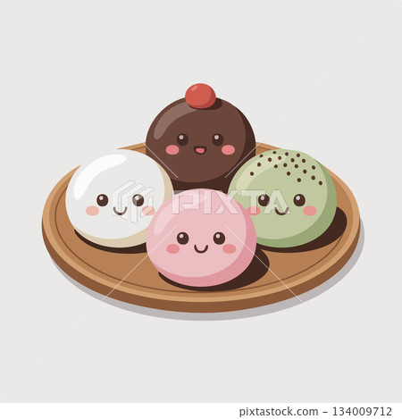 Adorable kawaii mochi desserts with happy faces served on a simple wooden plate for a sweet treat Adorable kawaii mochi desserts with happy faces served on a simple wooden plate for a sweet treat 134009712