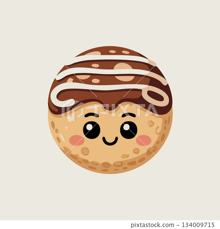 Adorable happy takoyaki ball character with sweet chocolate frosting and kawaii expression for fun food designs 134009715