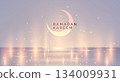 Elegant Ramadan Kareem banner with glowing crescent moon, soft pastel background and sparkling lights over a reflective surface. Peaceful, festive and modern Islamic holiday design. 134009931