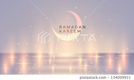 Elegant Ramadan Kareem banner with glowing crescent moon, soft pastel background and sparkling lights over a reflective surface. Peaceful, festive and modern Islamic holiday design. 134009931