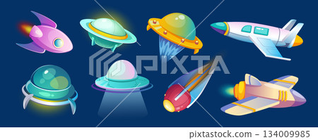 Alien spaceships mega set in cartoon graphic design. Bundle elements of fantasy UFO space crafts, rockets, flying saucers, shuttles, spacecrafts with glow lights. Vector illustration isolated objects 134009985
