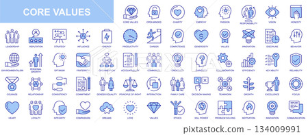 Core values web icons set in duotone outline stroke design. Pack pictograms with open mind, charity, empathy, passion, social responsibility, honesty, reputation, love, family. Vector illustration. Core values web icons set in duotone outline stroke design. Pack pictograms with open mind, charity, empathy, passion, social responsibility, honesty, reputation, love, family. Vector illustration. 134009991