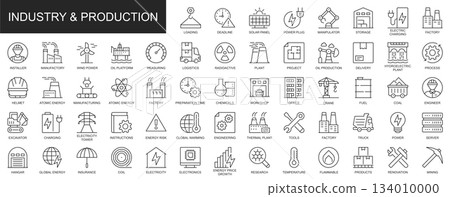 Industry and production web icons set in thin line design. Pack of renovation, power, storage, logistics, factory, manufacture, engineer, plant, other outline stroke pictograms. Vector illustration. Industry and production web icons set in thin line design. Pack of renovation, power, storage, logistics, factory, manufacture, engineer, plant, other outline stroke pictograms. Vector illustration. 134010000