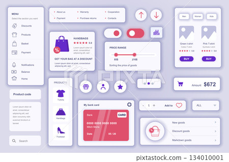 User interface elements set for Commerce mobile app or web. Kit template with HUD, shop menu, product order, price, purchase payment, marketplace navigation. Pack of UI, UX, GUI. Vector components. User interface elements set for Commerce mobile app or web. Kit template with HUD, shop menu, product order, price, purchase payment, marketplace navigation. Pack of UI, UX, GUI. Vector components. 134010001