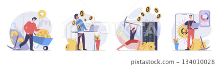 Cryptocurrency mining concept with people scenes set in flat web design. Collection of character situation with crypto miners getting coins, working with data at bitcoin farm. Vector illustrations. 134010028