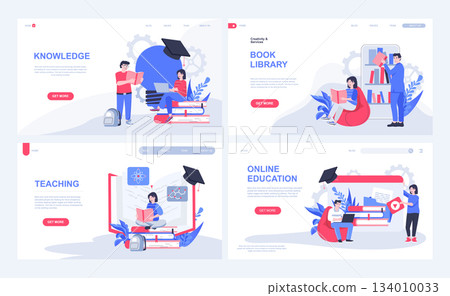 Online education web concept for landing page in flat design. Students reading books at virtual library, gaining knowledge, listening lectures. Vector illustration with people characters for homepage Online education web concept for landing page in flat design. Students reading books at virtual library, gaining knowledge, listening lectures. Vector illustration with people characters for homepage 134010033