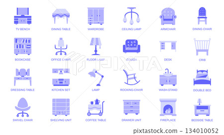 Furniture web icons set in duotone flat design. Pack pictograms with tv bench, dining table, wardrobe, ceiling lamp, armchair, chair, bookcase, couch, crib, shelving unit, other. Vector illustration. Furniture web icons set in duotone flat design. Pack pictograms with tv bench, dining table, wardrobe, ceiling lamp, armchair, chair, bookcase, couch, crib, shelving unit, other. Vector illustration. 134010052