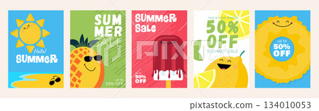 Summer sale cover brochure set in trendy flat design. Summertime banner templates with cute sun, pineapple, ice cream, lemon and swim rubber ring with funny faces and price offer. Vector illustration. Summer sale cover brochure set in trendy flat design. Summertime banner templates with cute sun, pineapple, ice cream, lemon and swim rubber ring with funny faces and price offer. Vector illustration. 134010053