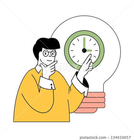 Time management concept with cartoon people in flat design for web. Man works with countdown to deadline and brainstorming solutions. Vector illustration for social media banner, marketing material. Time management concept with cartoon people in flat design for web. Man works with countdown to deadline and brainstorming solutions. Vector illustration for social media banner, marketing material. 134010057