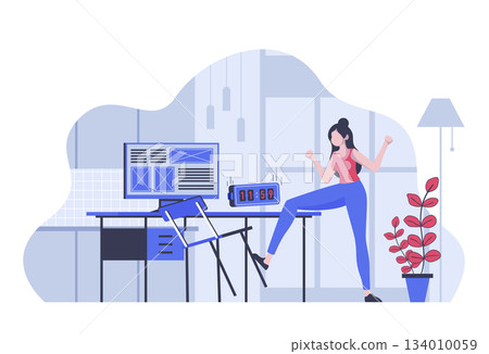 Deadline concept with cartoon people in flat design for web. Nervous woman missing countdown time clock and hurrying complete project. Vector illustration for social media banner, marketing material. 134010059