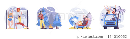 Summertime concept with people scenes set in flat web design. Collection of character situation with friends playing beach volleyball, hiking, sea surfing, travelling by car. Vector illustrations. Summertime concept with people scenes set in flat web design. Collection of character situation with friends playing beach volleyball, hiking, sea surfing, travelling by car. Vector illustrations. 134010062