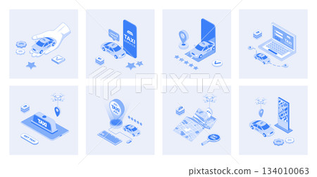 Taxi service 3d isometric concept set with isometric icons design for web. Collection of online car booking, map navigation in mobile app, ordering cab with best driver rating. Vector illustration Taxi service 3d isometric concept set with isometric icons design for web. Collection of online car booking, map navigation in mobile app, ordering cab with best driver rating. Vector illustration 134010063