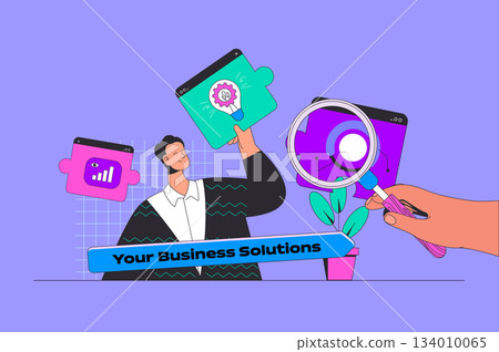 Business solution concept in modern flat design for web. Man searching new ideas, analysis plan and making research, brainstorming. Vector illustration for social media banner, marketing material. 134010065