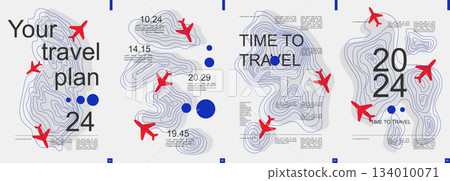 Travel modern banner with trendy minimalist typography design. Poster templates with flying airplanes with abstract graphic shapes and text elements for vacation and travelling. Vector illustration. 134010071