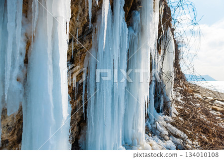 Long blue icicles hanging from a rocky cliff face by a frozen lake shore in bright winter sunlight. 134010108