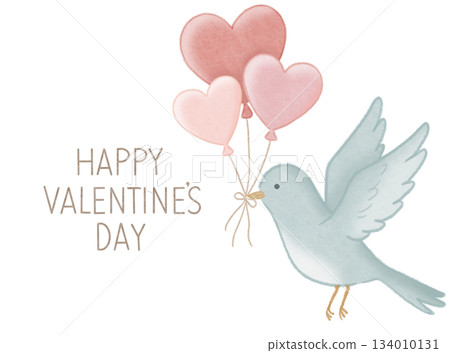Happy Valentine's Day, brown lettering, heart balloons, little bird, light blue 134010131