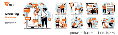 Marketing concept with people scenes mega set in flat web design. Bundle of character situation with target and attract customers, make advertising campaigns, online promotion. Vector illustrations. Marketing concept with people scenes mega set in flat web design. Bundle of character situation with target and attract customers, make advertising campaigns, online promotion. Vector illustrations. 134010279