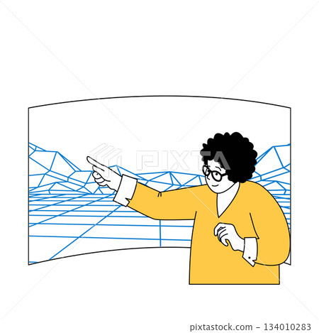 Virtual reality concept with cartoon people in flat design for web. Woman working with line surface simulation in augmented space. Vector illustration for social media banner, marketing material. 134010283