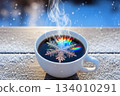 Coffee topped with rainbow snowflakes Coffee topped with rainbow snowflakes 134010291