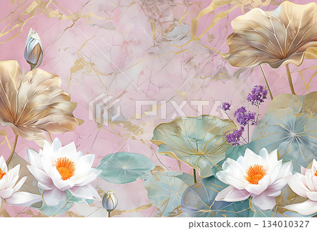 Delicate floral illustration with white lotus flowers and aquatic plants on pink marble background. 3D Floral wallpaper on pink marble with purple accents. Luxury Floral Wallpaper 134010327
