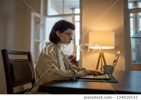 Focused girl freelancer working on laptop sits in workplace at home, learn english language online 134010532