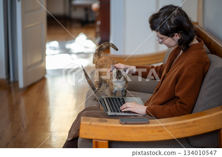Tender loving girl sitting on couch, stroking cat who diverts girl attention from work, study 134010547